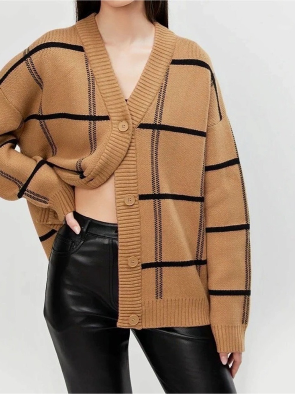 OAK + FORT Oversized Plaid Cardigan Brown & Black